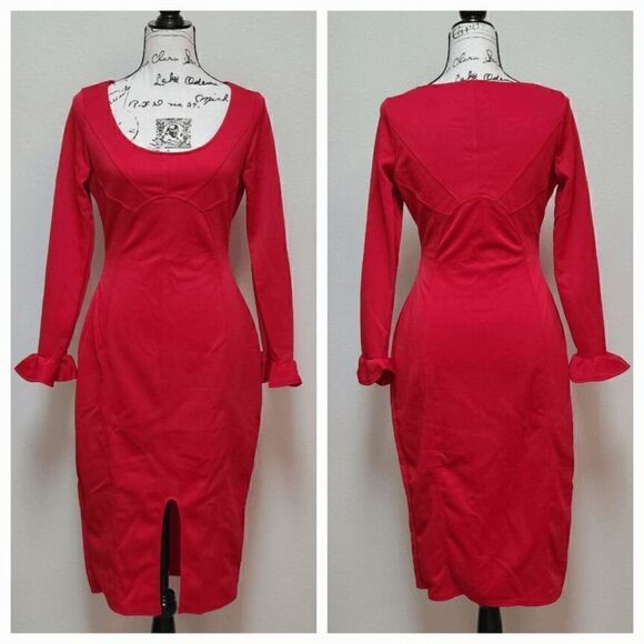 ❤️ Long Ruffle Sleeve Front Slit Bodycon Boat Neck Party Midi Red Dress M NEW - Picture 8 of 17